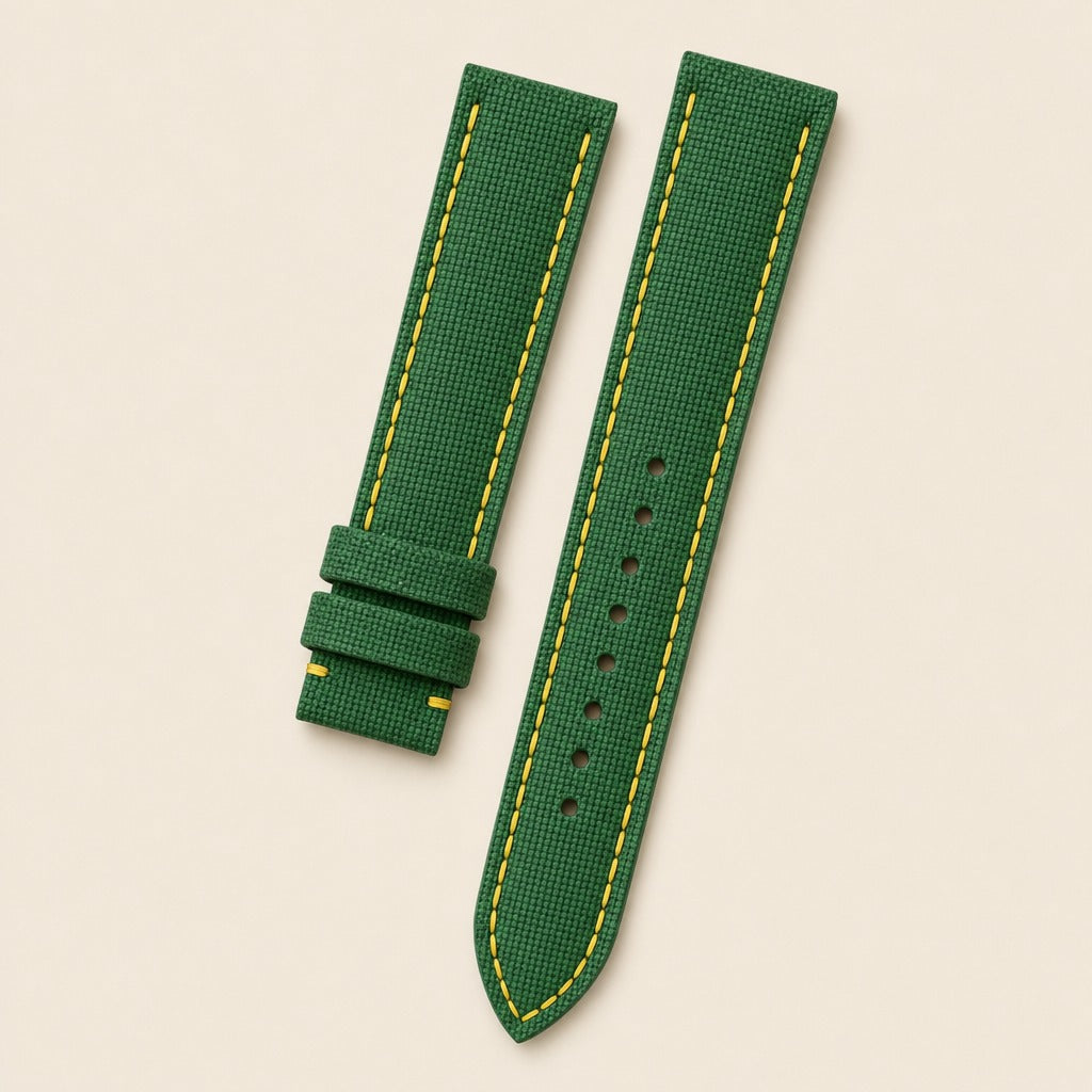 Green Sailcloth Rubber Watch Strap leather watch strap, flat lay