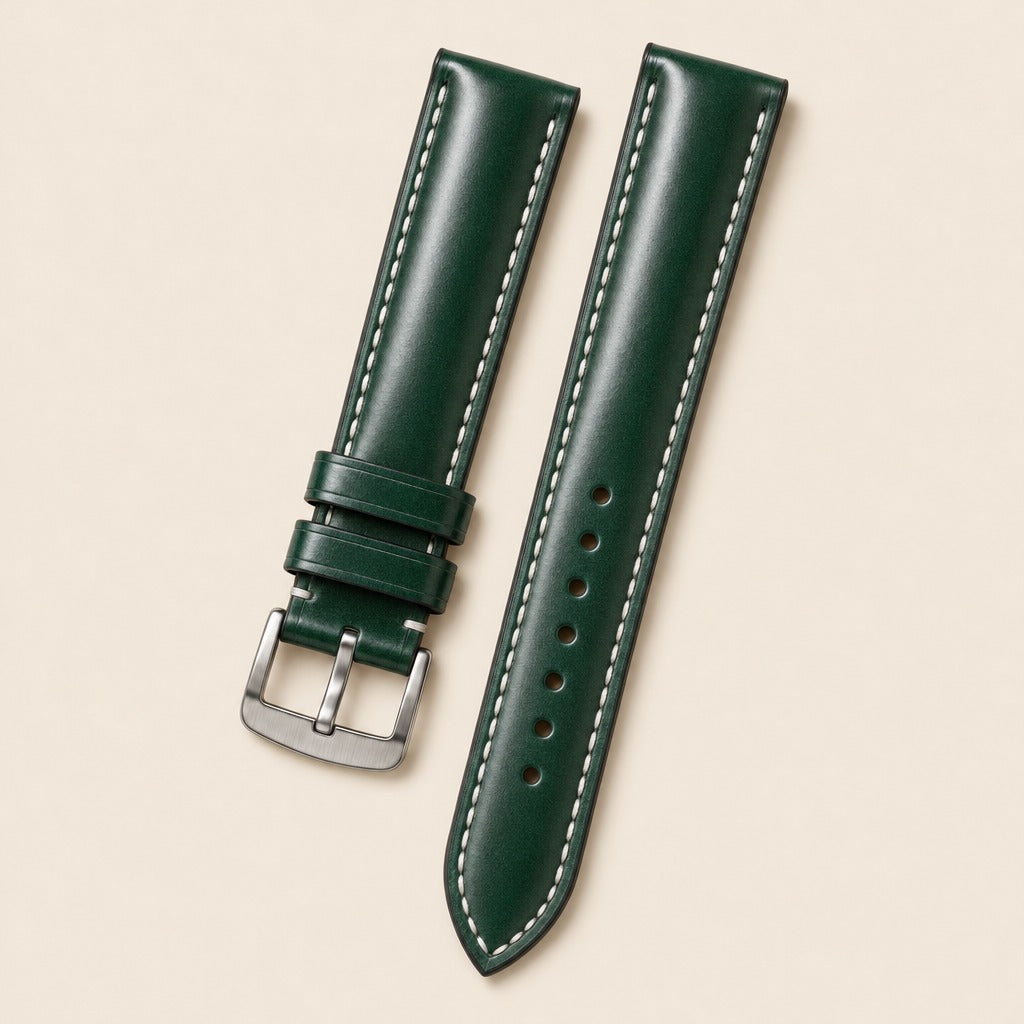 Green Shell Cordovan Leather Watch Strap leather watch strap, flat lay