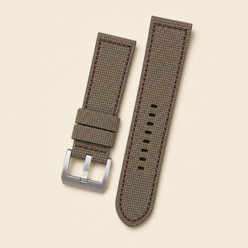 Green Taupe Canvas Watch Strap leather watch strap, flat lay