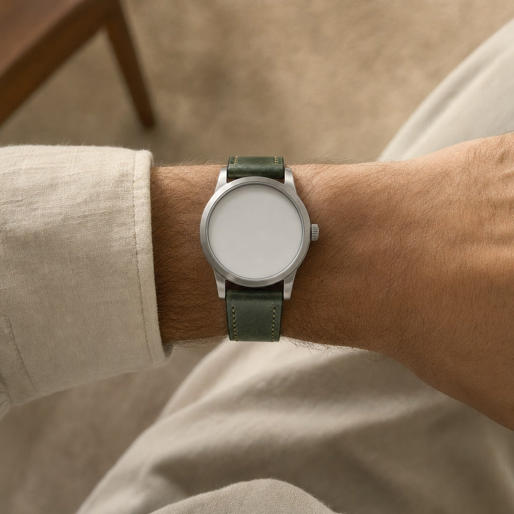 Green Waxed Pull-Up Leather Watch Strap worn on the wrist