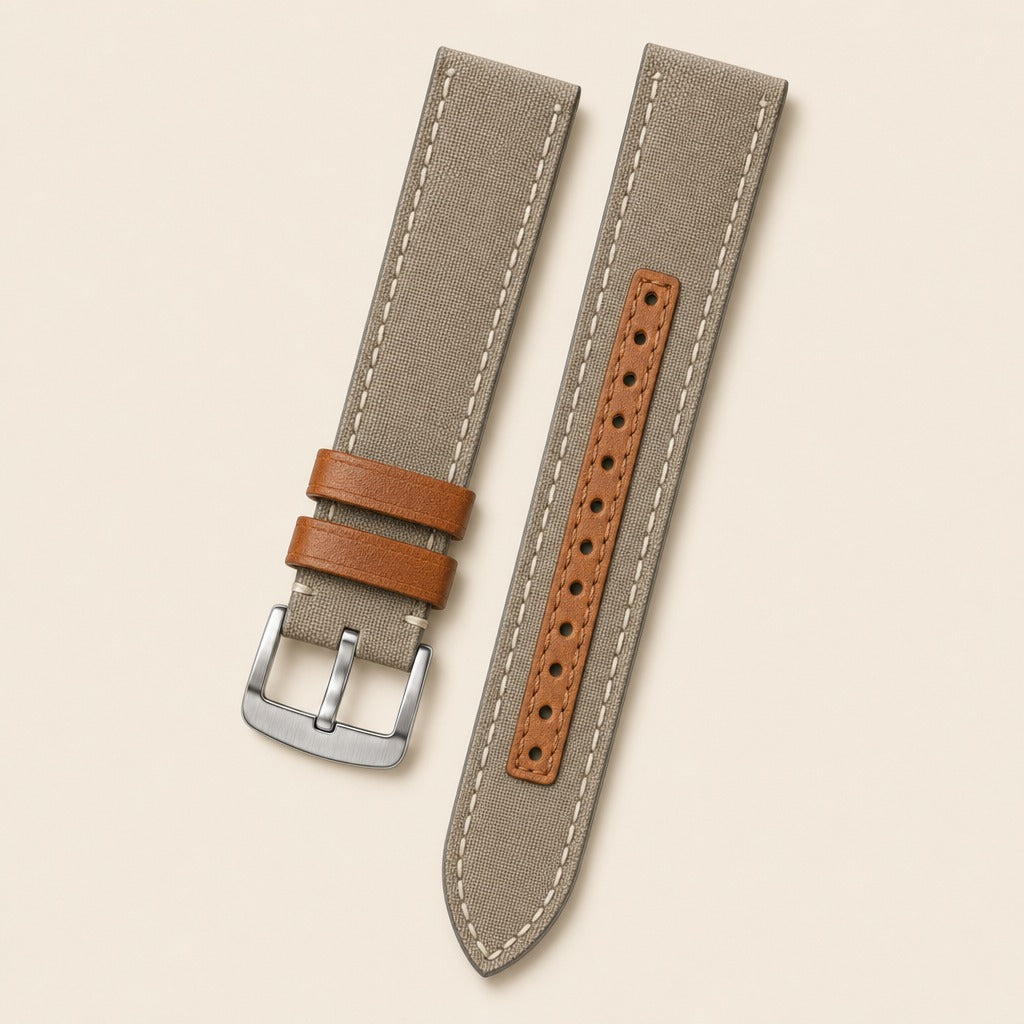 Grey & Brown Sailcloth Rubber Watch Strap leather watch strap, flat lay