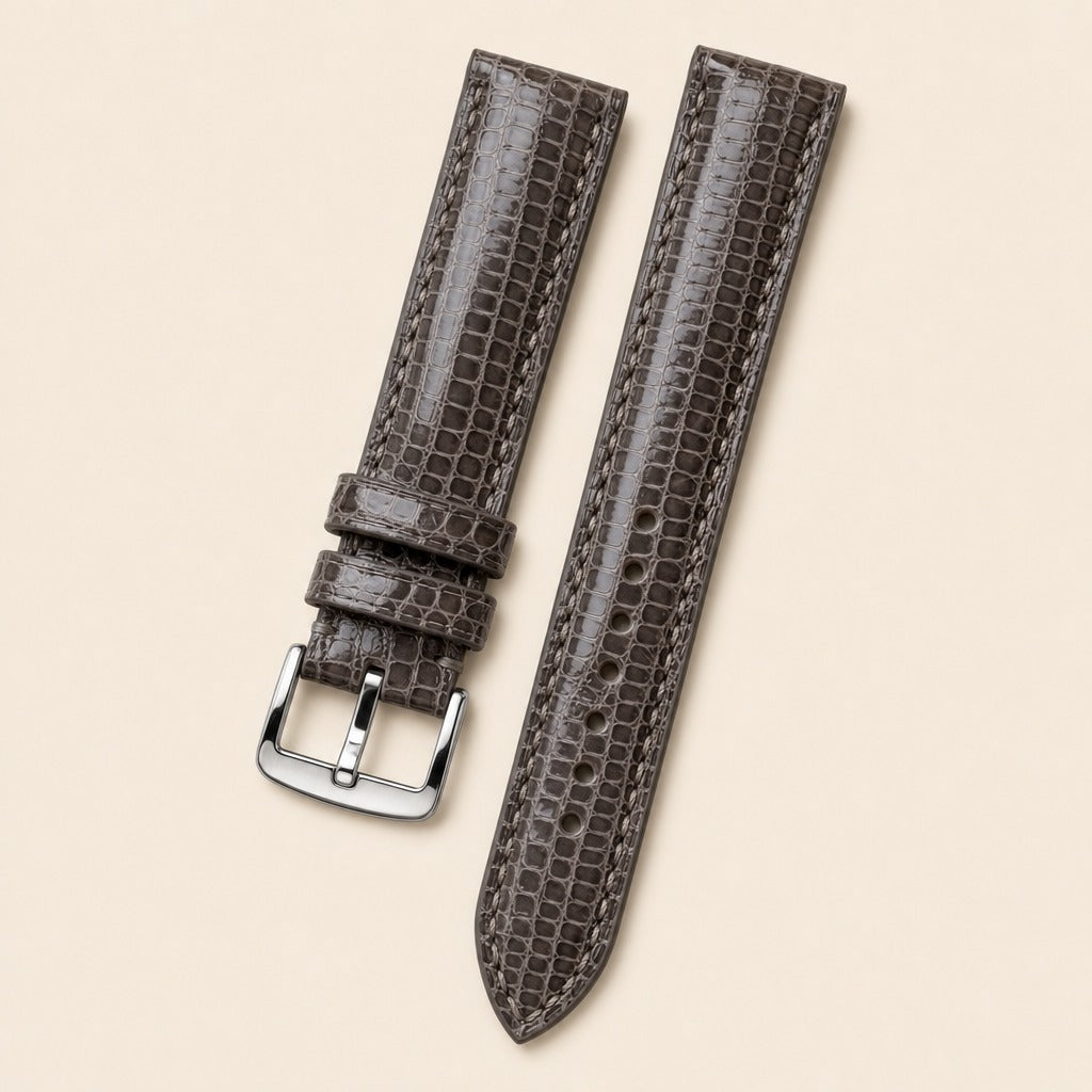 Grey Lizard Leather Watch Strap leather watch strap, flat lay