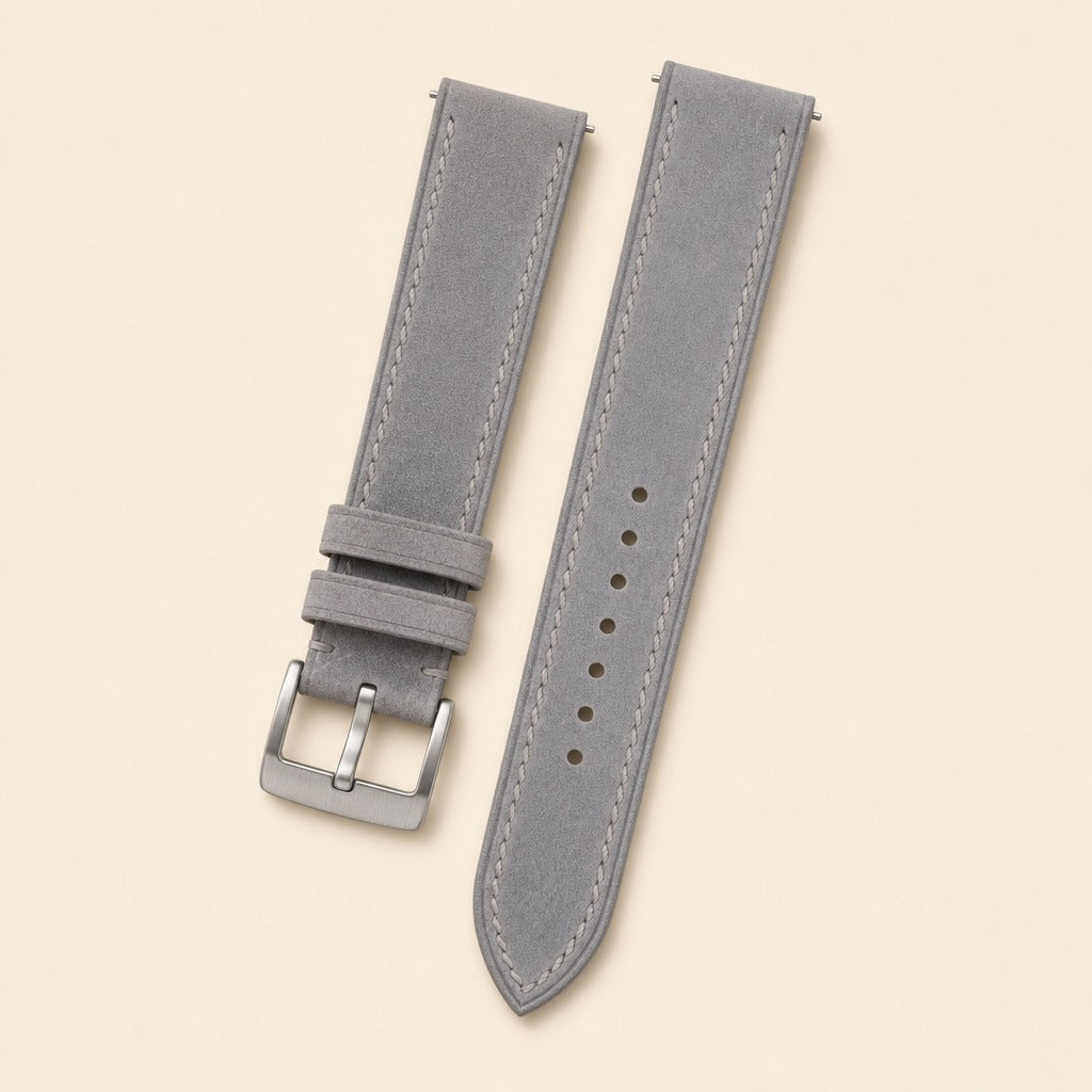 Grey Nubuck Leather Watch Strap leather watch strap, flat lay