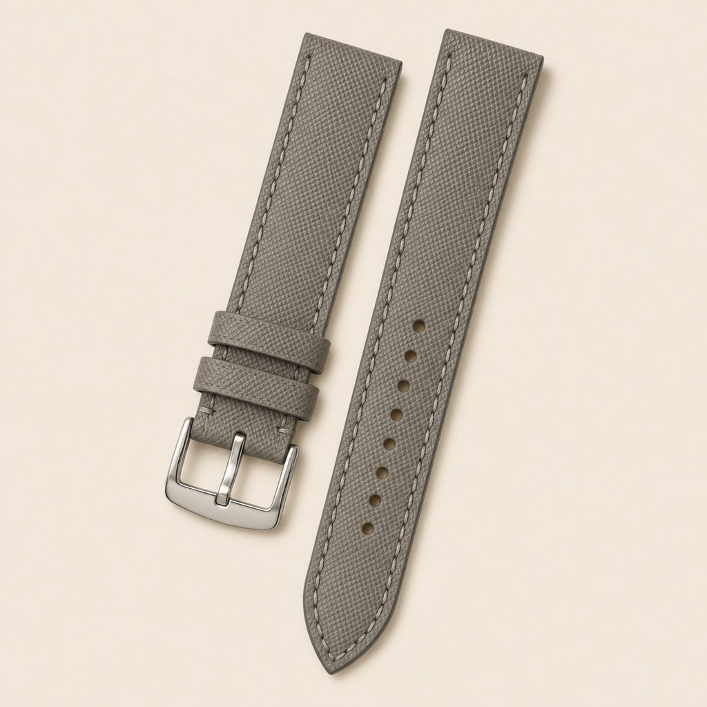 Grey Saffiano Leather Watch Strap leather watch strap, flat lay