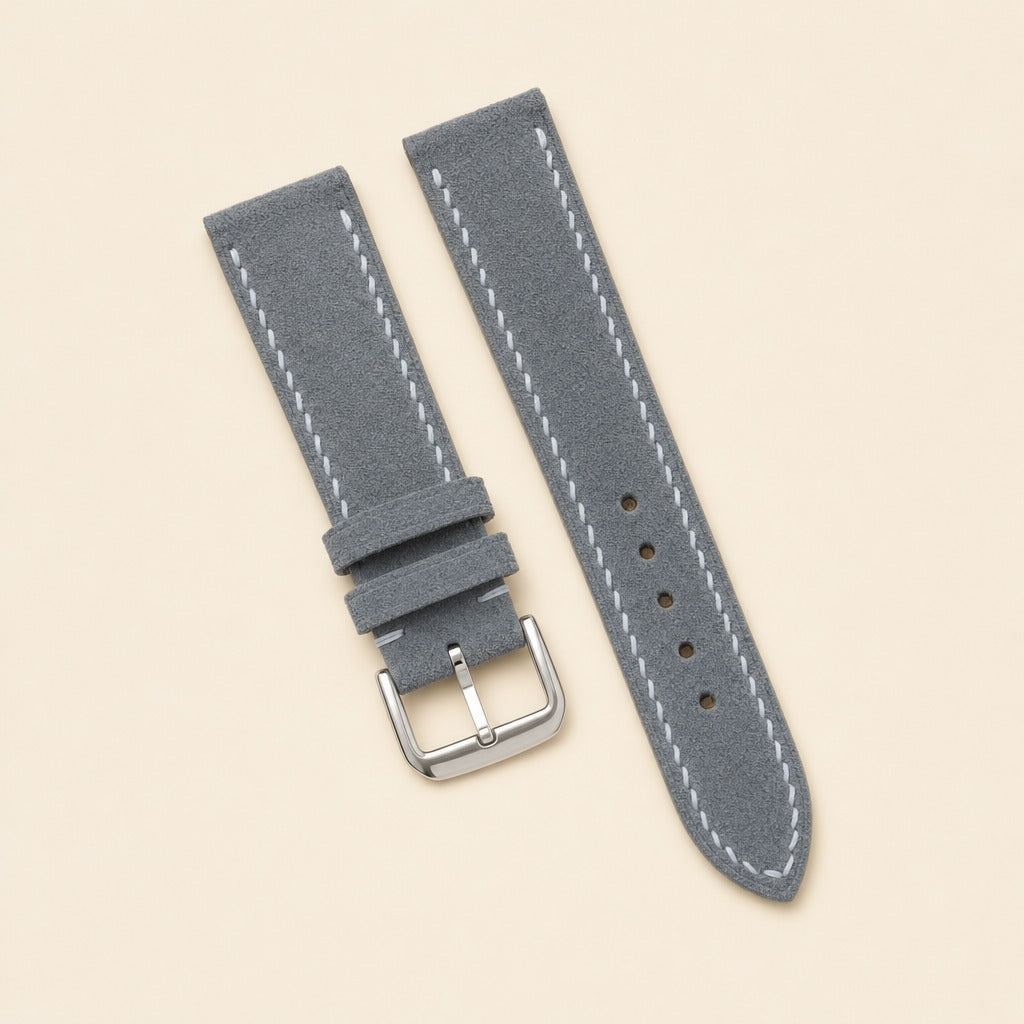 Grey Suede Leather Watch Strap leather watch strap, flat lay