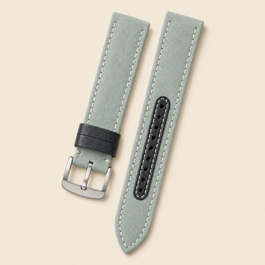 Greyish Blue Canvas Watch Strap leather watch strap, flat lay