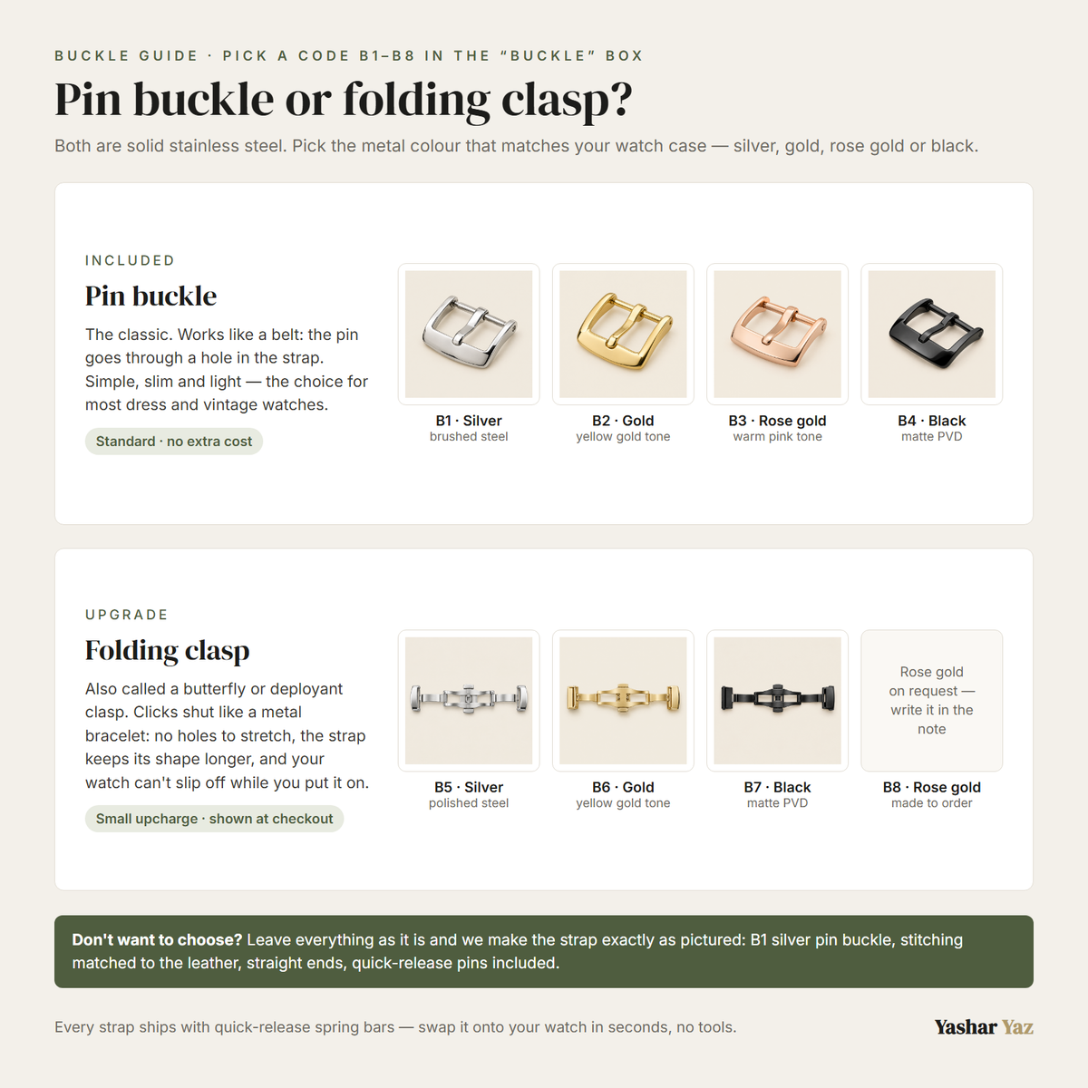 Buckle guide: codes B1–B8 — pin buckle or butterfly clasp in silver, gold, rose gold, black