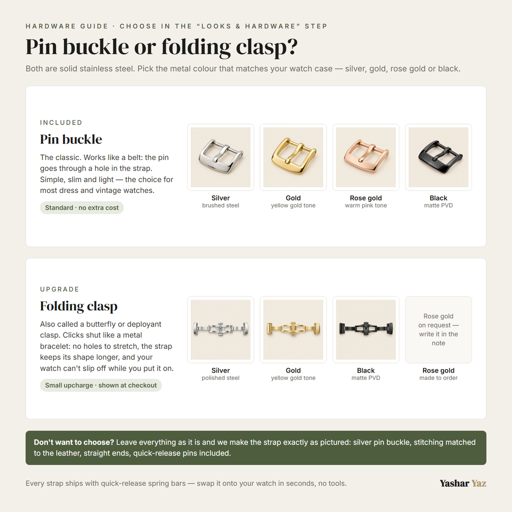 Buckle guide: codes B1–B8 — pin buckle or butterfly clasp in silver, gold, rose gold, black