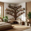 Tree Branch Floating Corner Bookshelf with Optional L-Shaped Bench in Brown finish