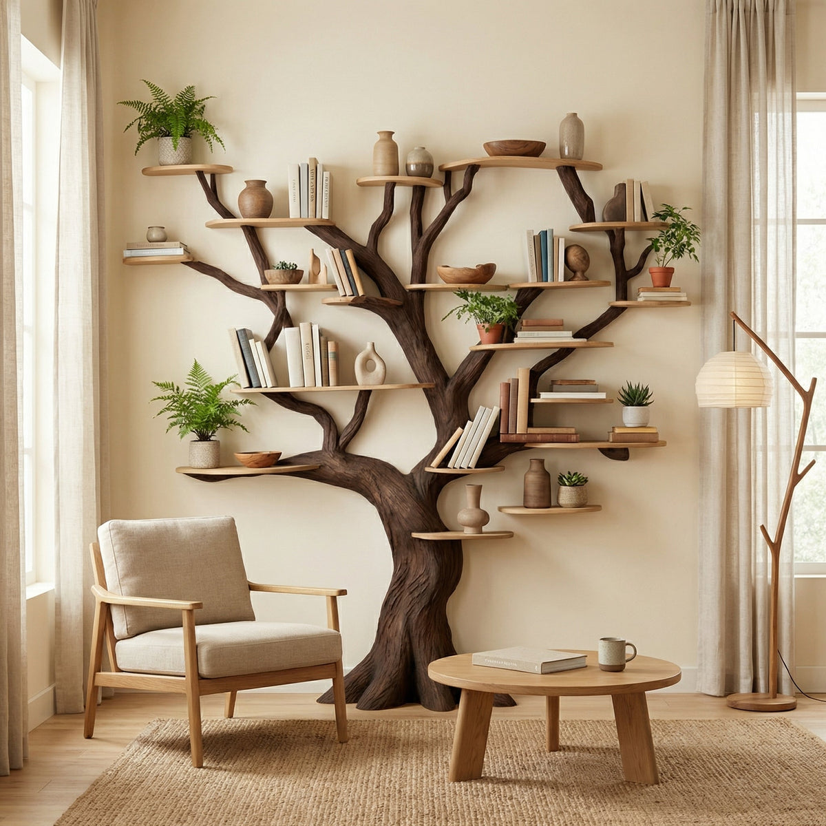 Tree Branch Floating Bookshelf with Natural Wood Shelves - view 3