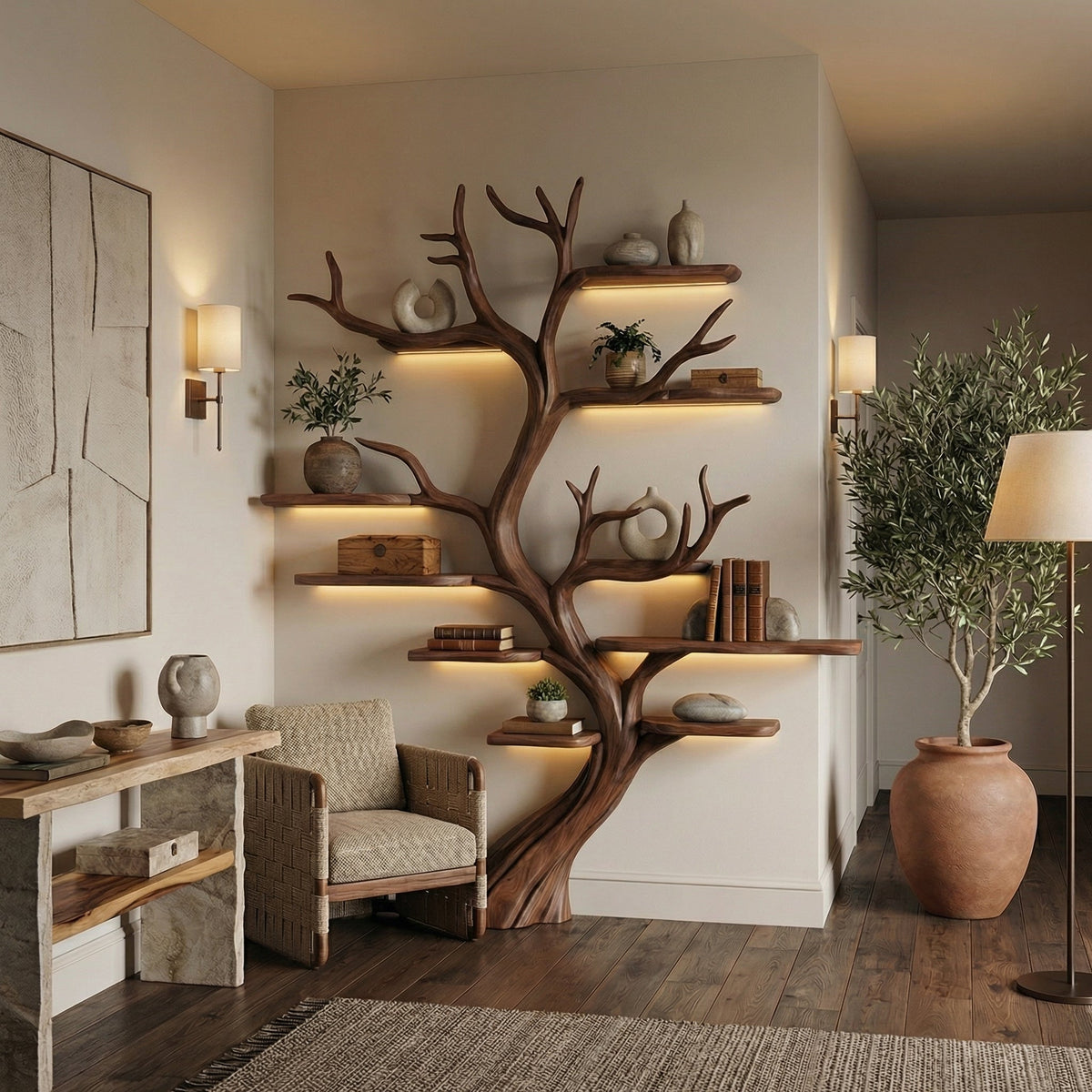 Driftwood-Style Tree Branch Wall Shelf in Rustic Solid Wood in Walnut finish