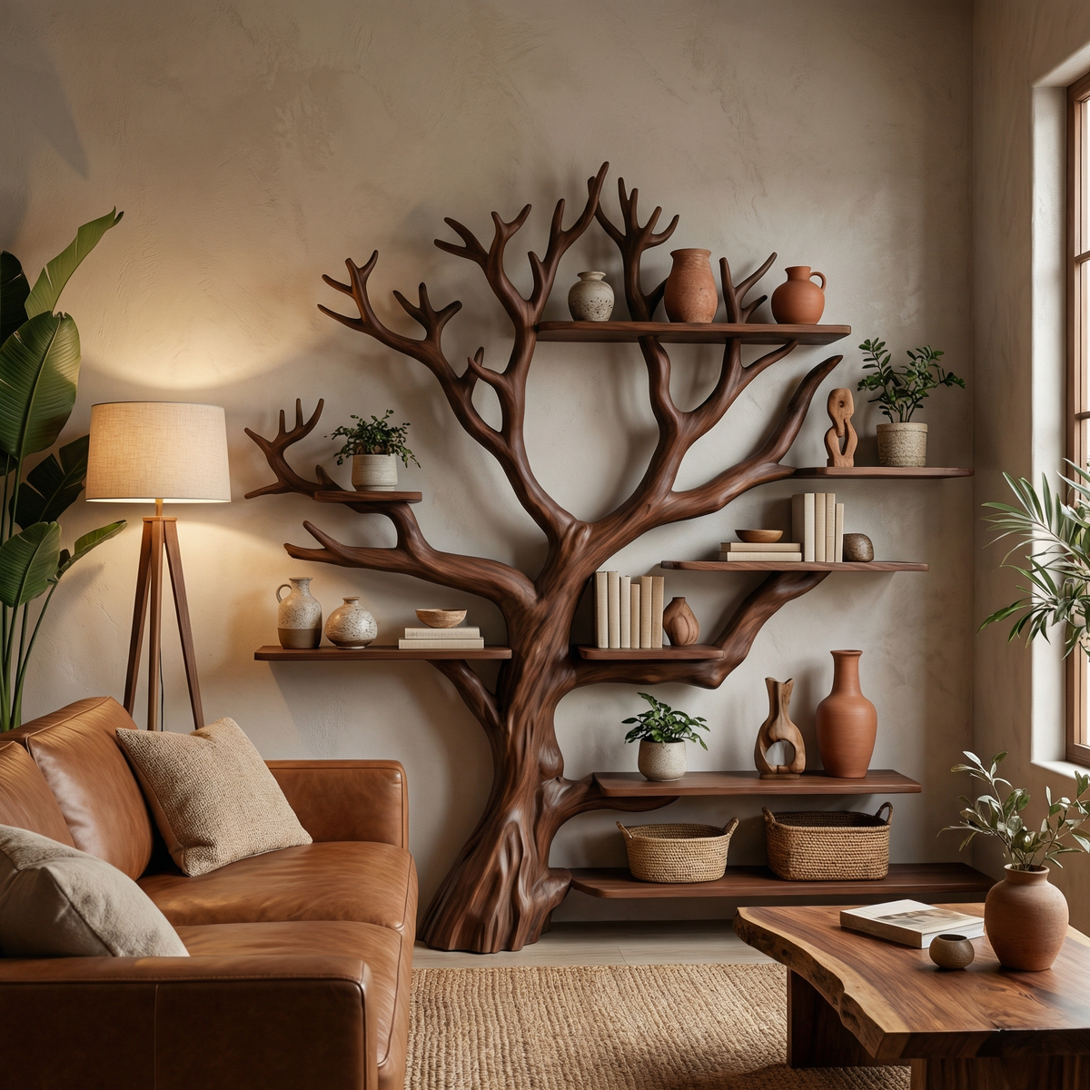 Rustic Tree Branch Bookshelf for Living Room and Library Walls in Walnut finish
