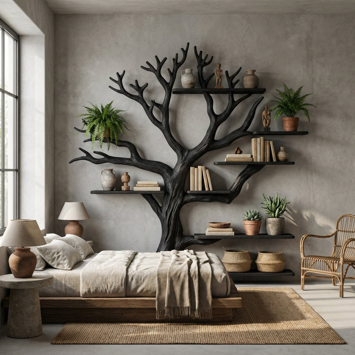 Rustic Tree Branch Bookshelf for Living Room and Library Walls in Black finish