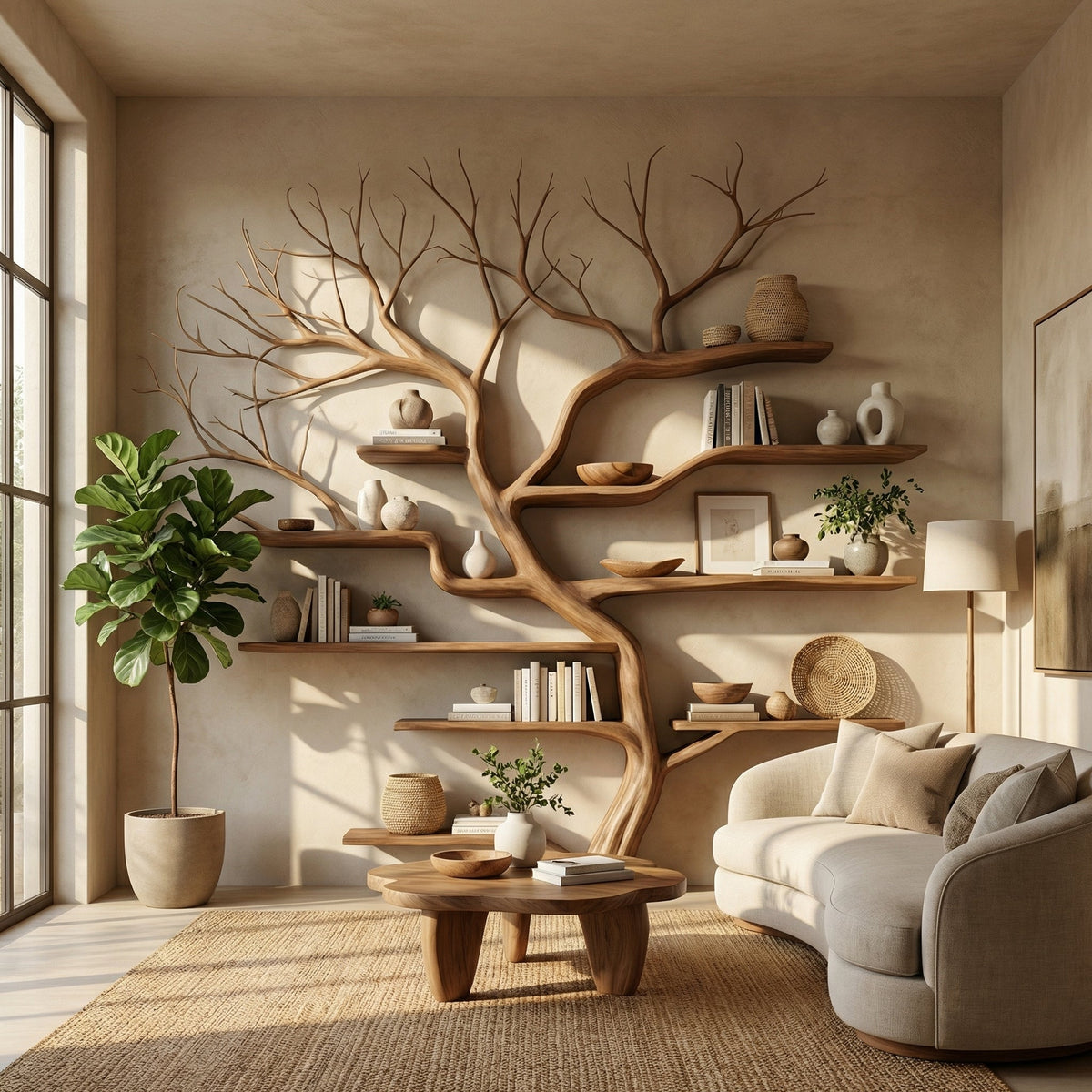 Rustic Tree Branch Floating Wall Bookshelf, 60 x 60 Inch in Brown finish
