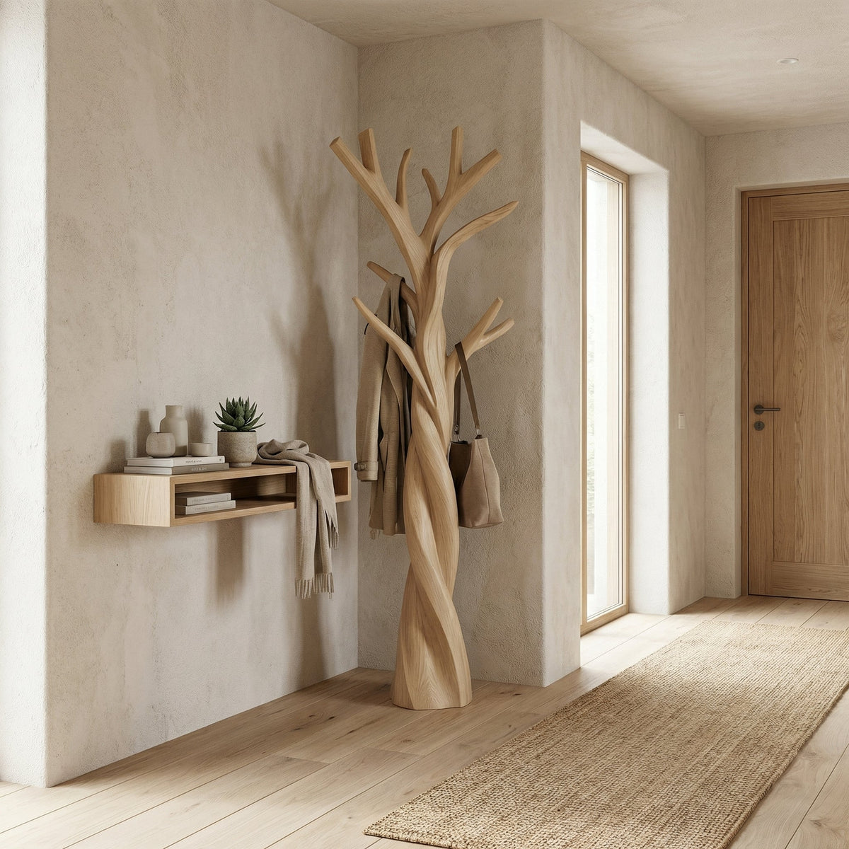 Twisted Tree Branch Solid Wood Coat Rack for Entryway in Oak finish