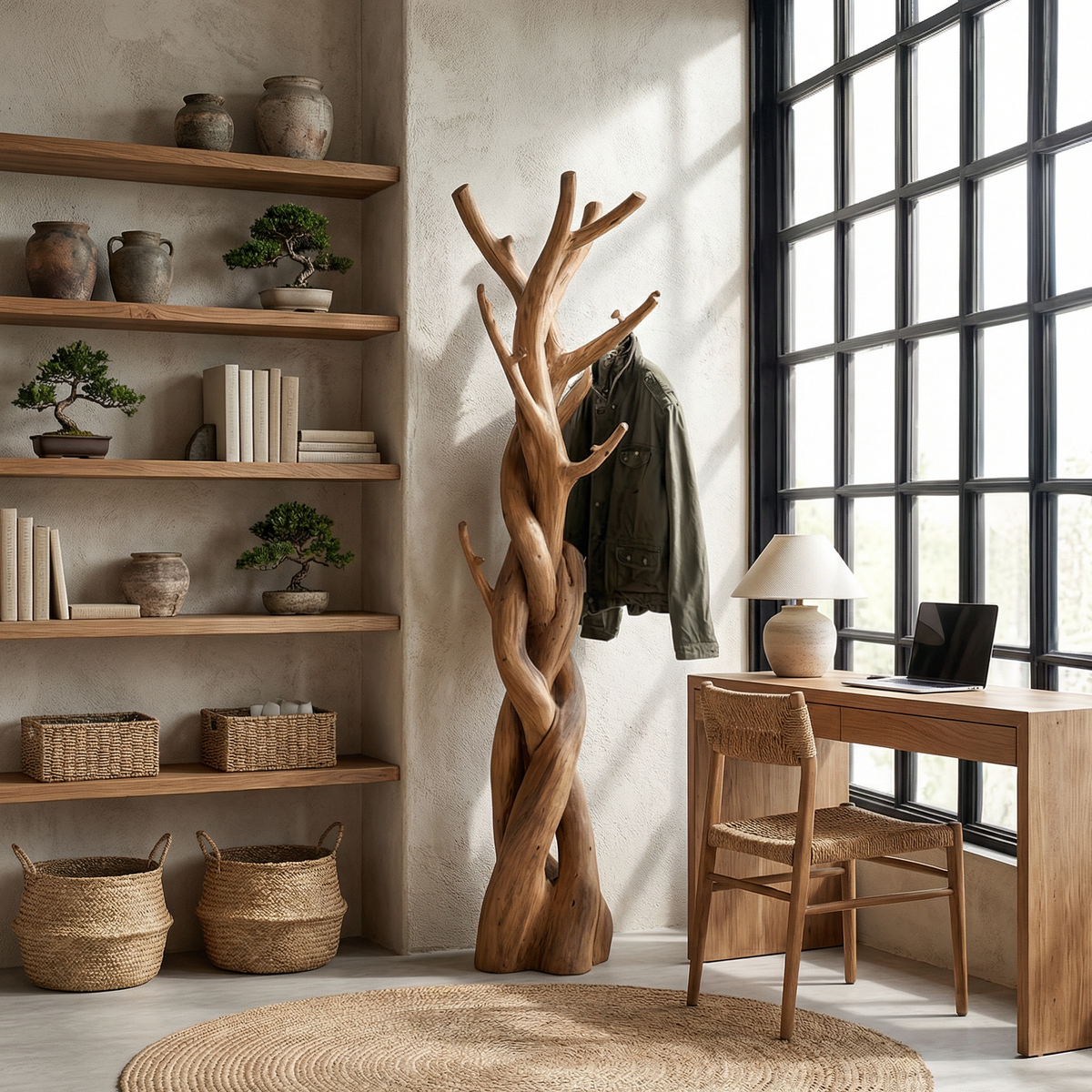 Driftwood Branch Tree Coat Rack for Bedroom or Closet in Brown finish