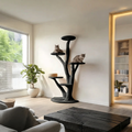 Rustic Solid Wood Tree Cat Tower with Branch Perches in Black finish