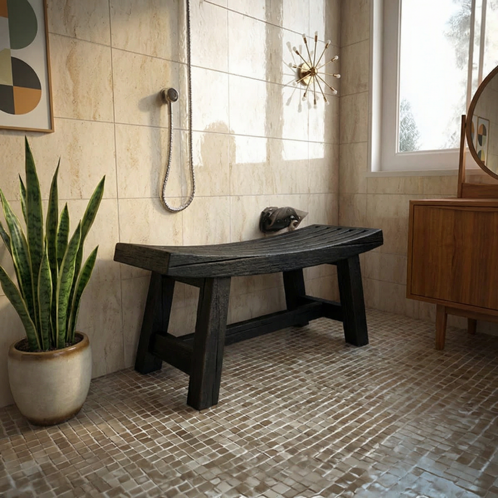 Mid-Century Solid Wood Spa Bench for Bathroom or Entryway in Black finish
