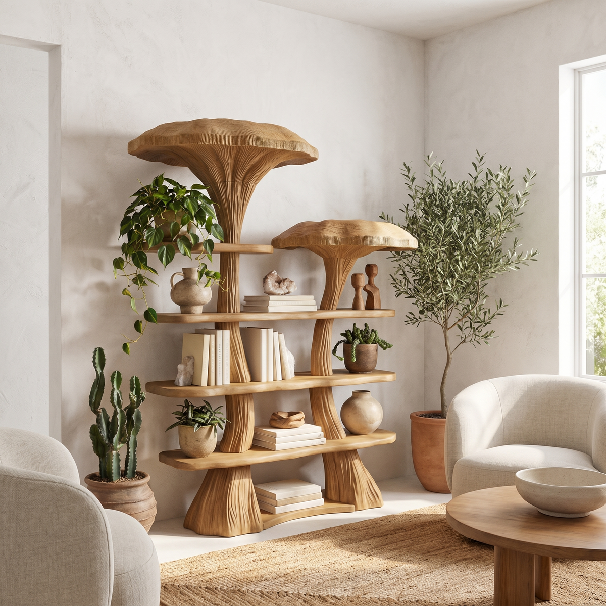 Mushroom Tree Branch Floating Bookshelf in Natural Wood in Oak finish