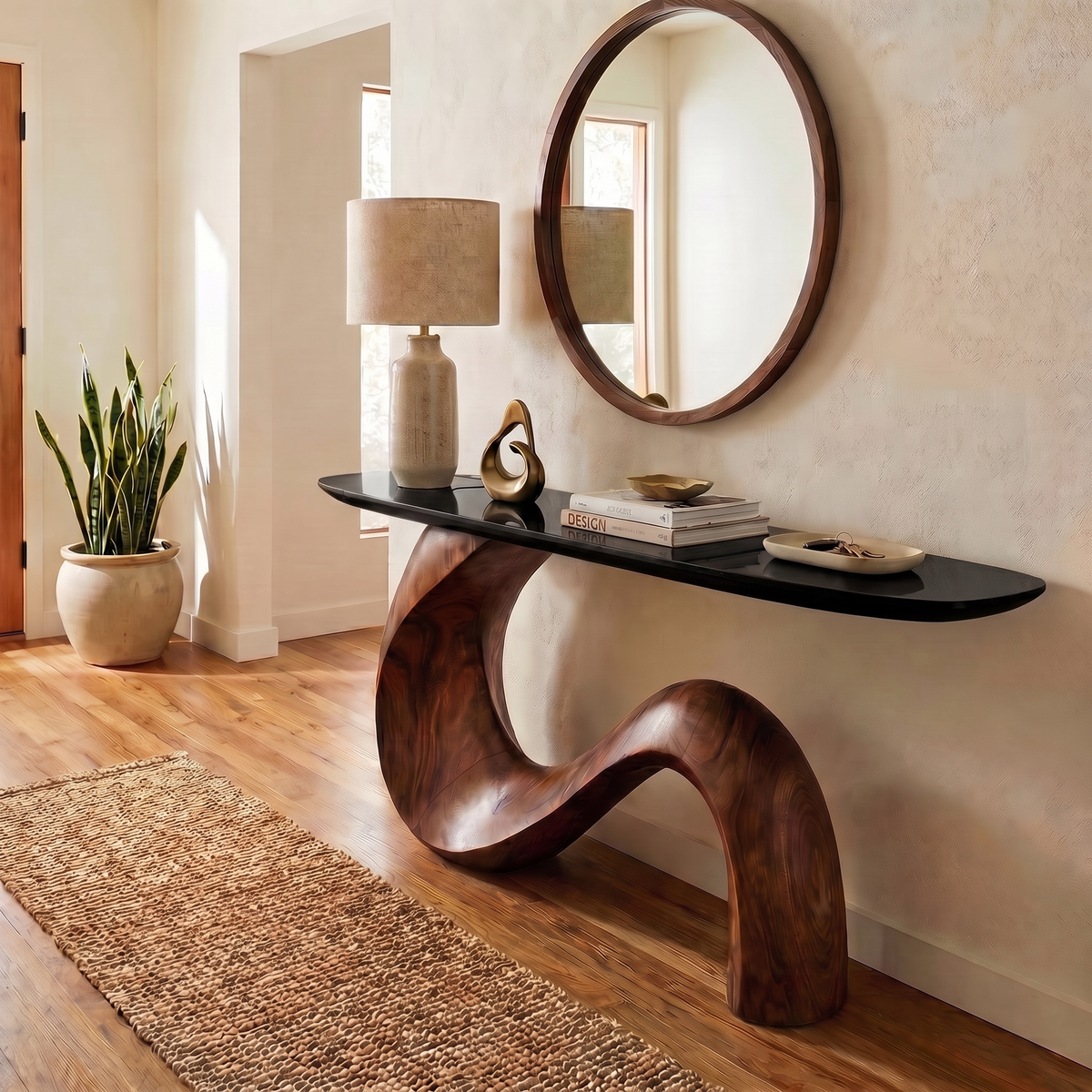 Mid-Century Sculptural Solid Wood Console Table for Entryway in Walnut finish