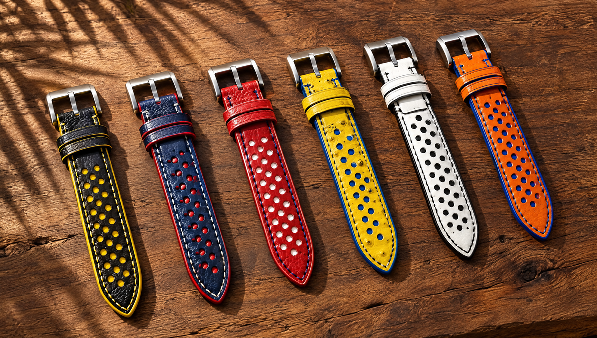 Vintage Tobacco Brown Rally Watch Strap Flat – Handstitched Waxed Pull-Up Leather with Racing Holes