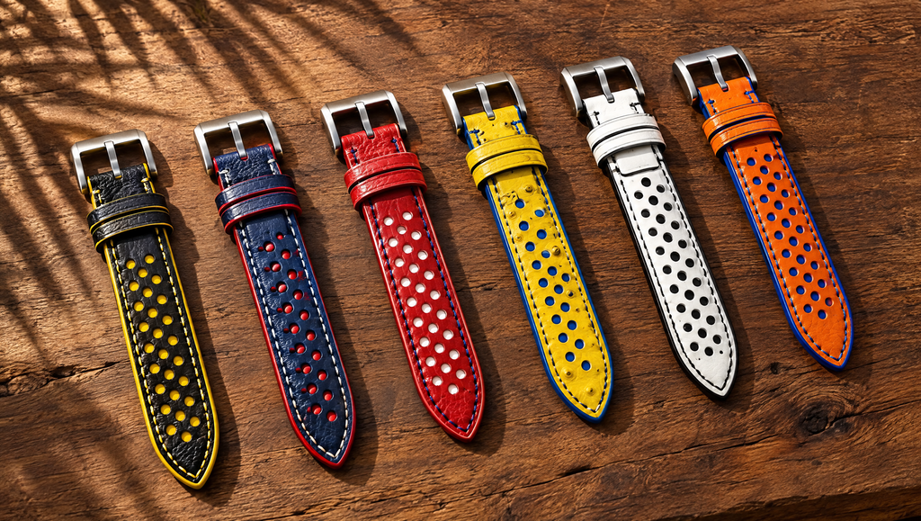 Blue & Cream Rally Watch Strap – Handstitched Epsom Leather with Racing Holes