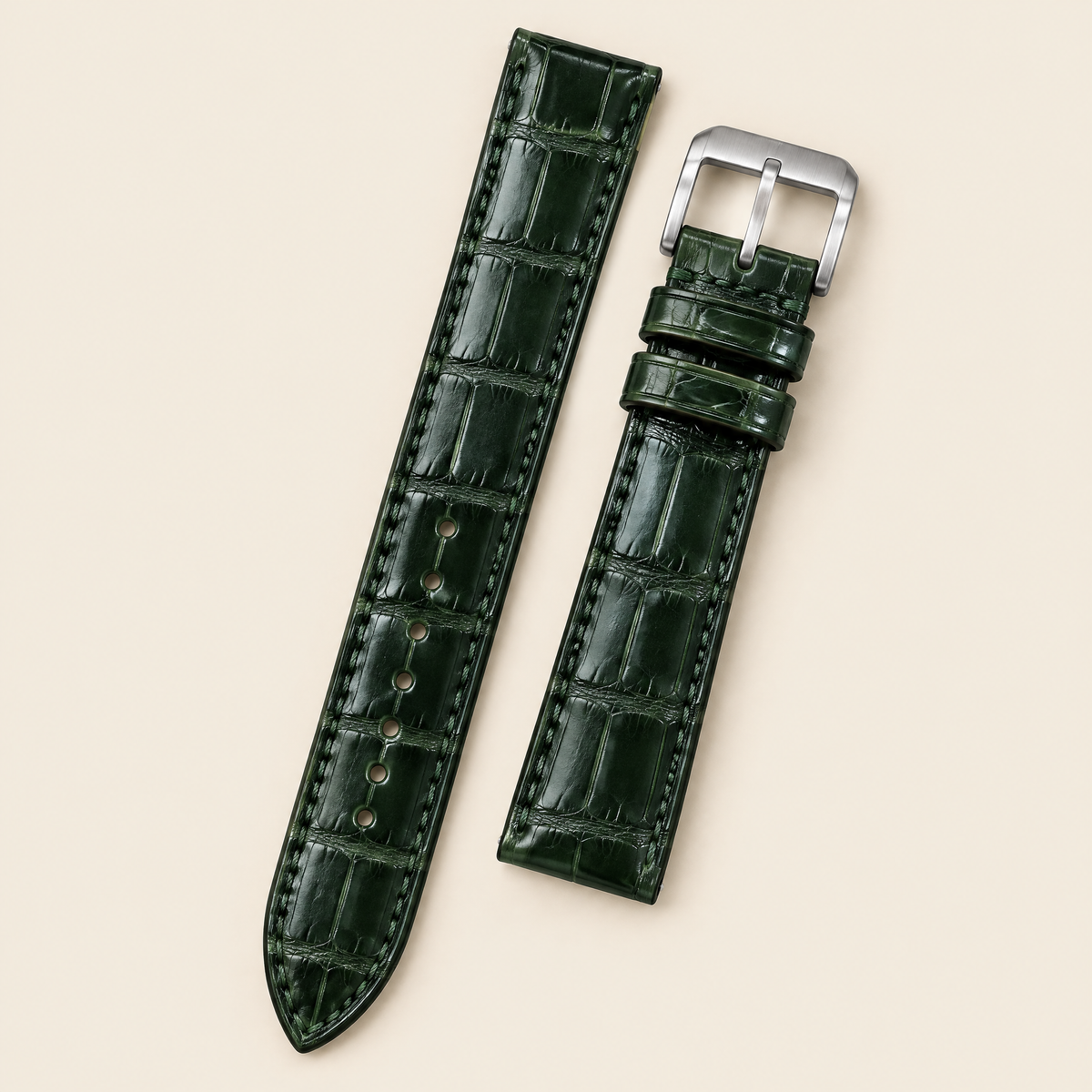 Dark Green Alligator Leather Watch Strap – Handstitched