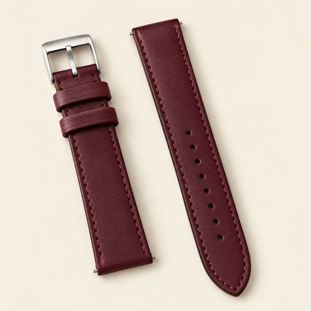 Burgundy Swift Leather Watch Strap – Handstitched