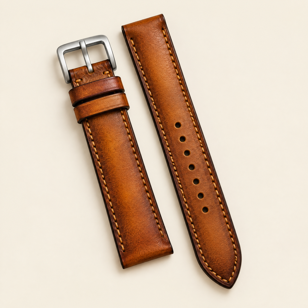 Amber Brown Hand-Dyed Patina Leather Watch Strap – Handstitched
