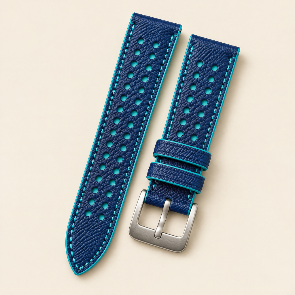 Blue & Turquoise Rally Watch Strap – Handstitched Epsom Leather with Racing Holes