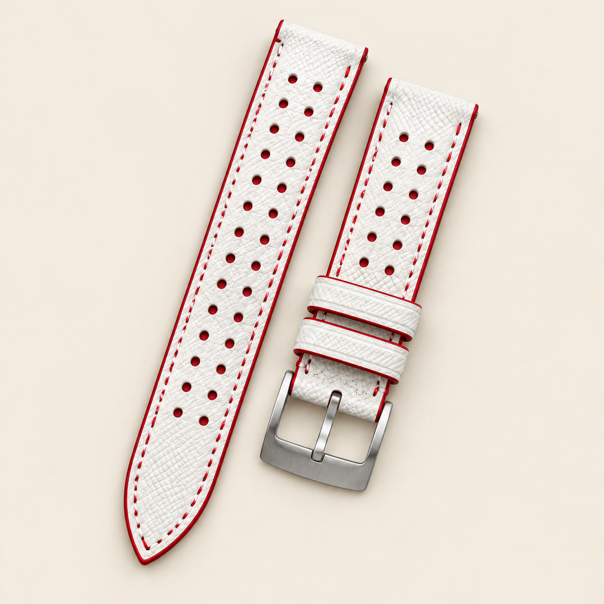 White & Red Rally Watch Strap – Handstitched Epsom Leather with Racing Holes