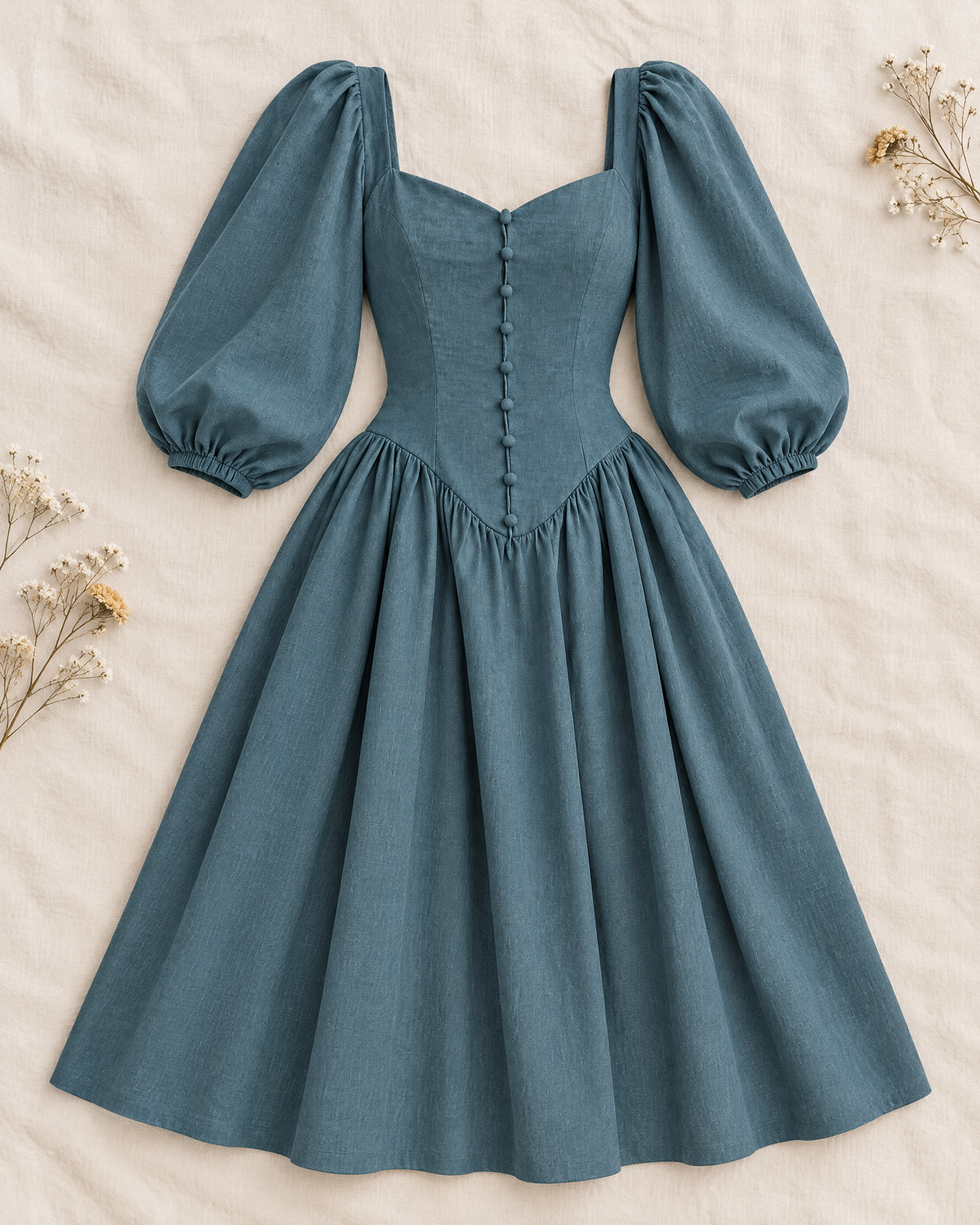 Slate teal linen midi dress with puff sleeves and button-front bodice