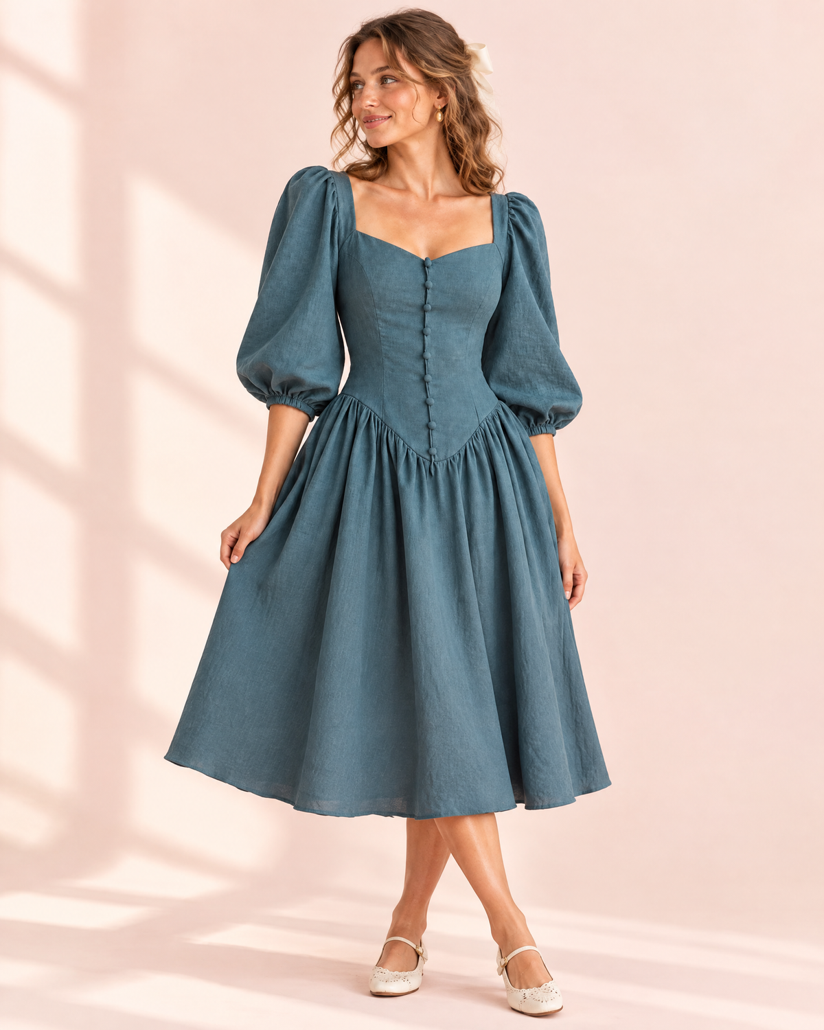Slate teal linen midi dress with puff sleeves and button-front bodice
