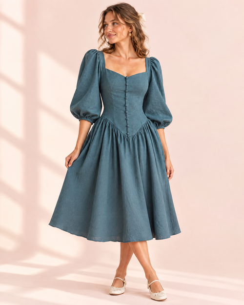 Slate teal linen midi dress with puff sleeves and button-front bodice