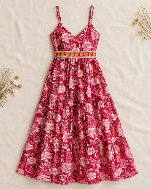 Raspberry pink floral block print cotton tiered midi sundress