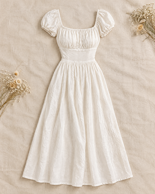 Cream linen midi dress with square neck and short puff sleeves