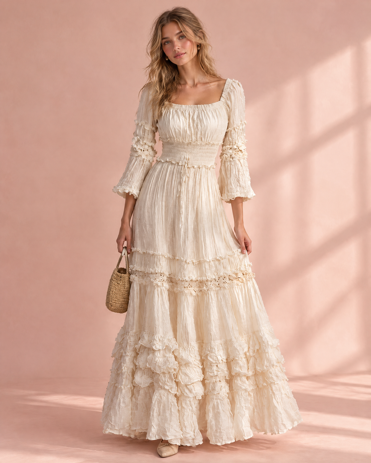 Ivory prairie maxi dress with smocked waist and layered ruffles