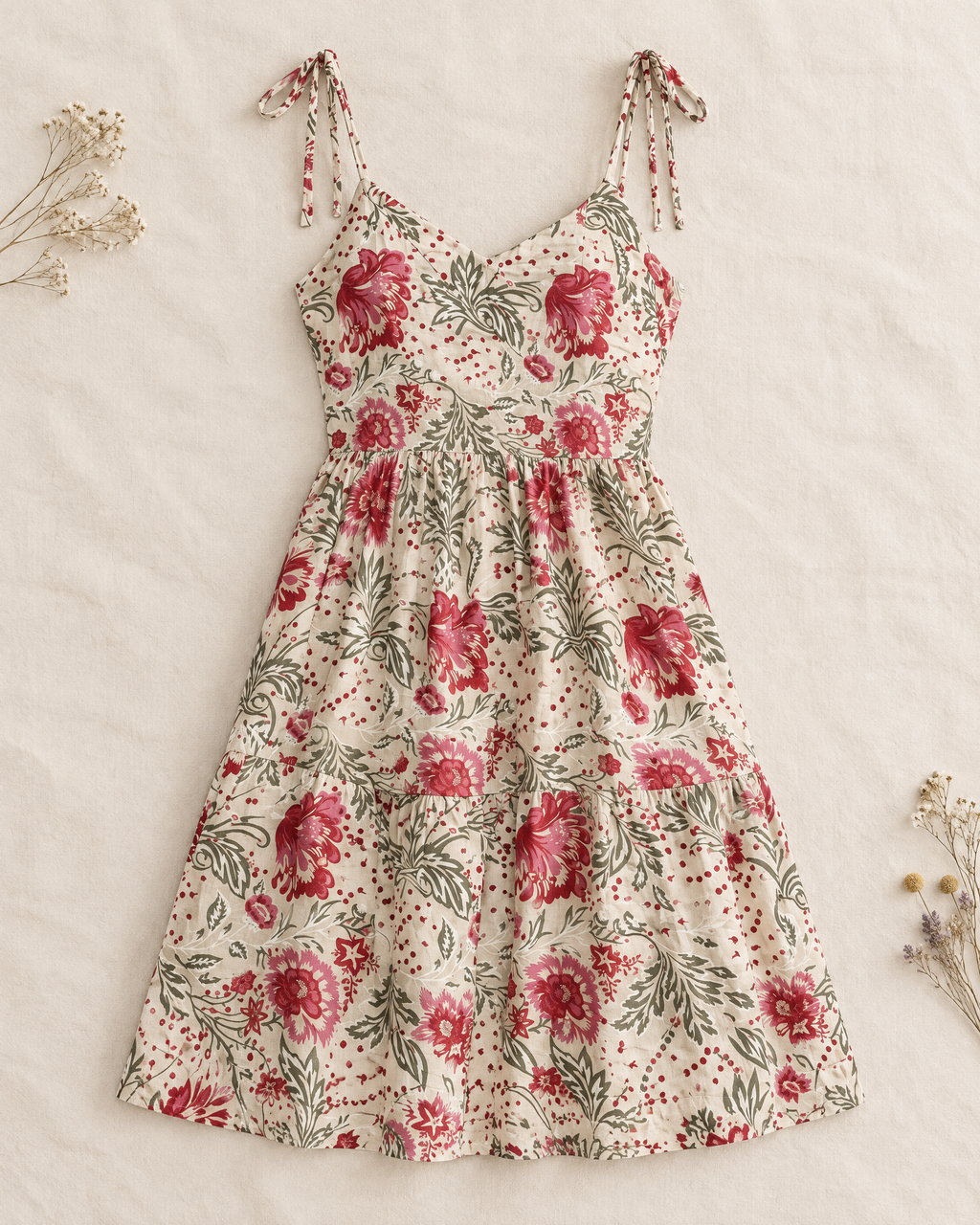 Cream cotton midi sundress with red rose print and tie straps
