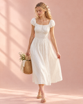 Cream linen midi dress with square neck and short puff sleeves