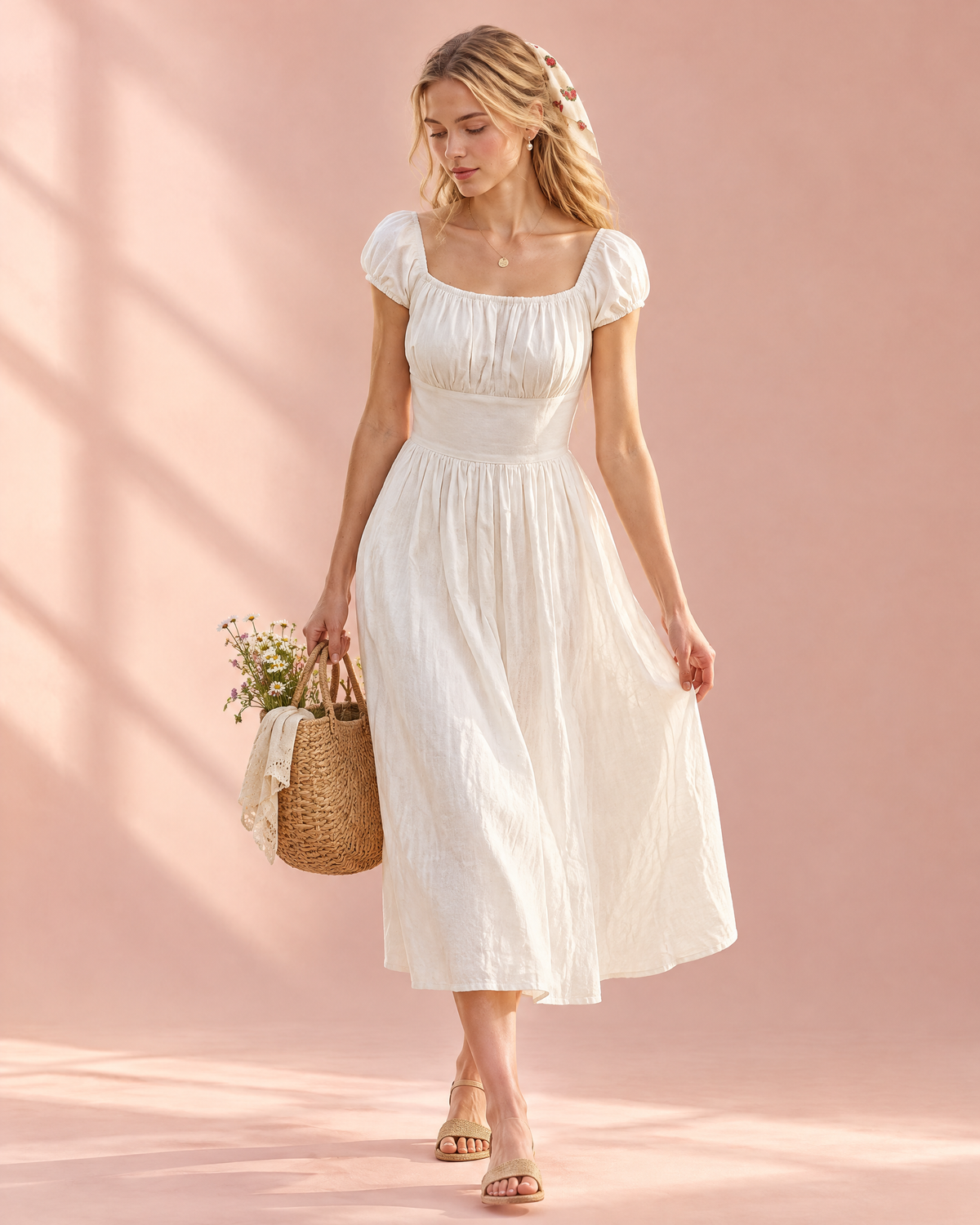 Cream linen midi dress with square neck and short puff sleeves