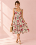 Cream cotton midi sundress with red rose print and tie straps