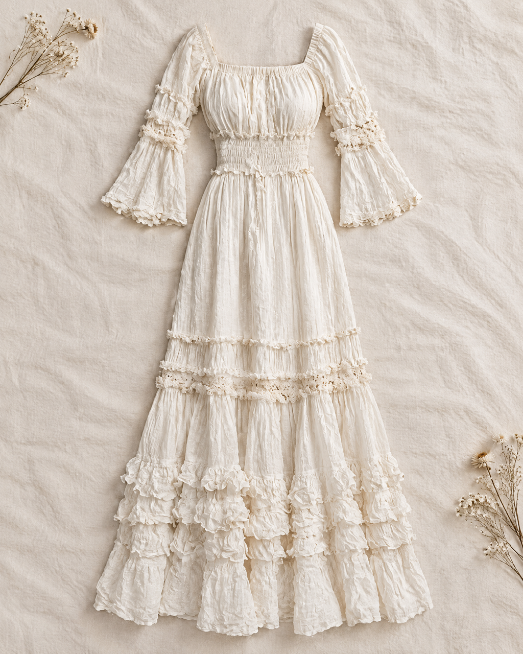 Ivory prairie maxi dress with smocked waist and layered ruffles