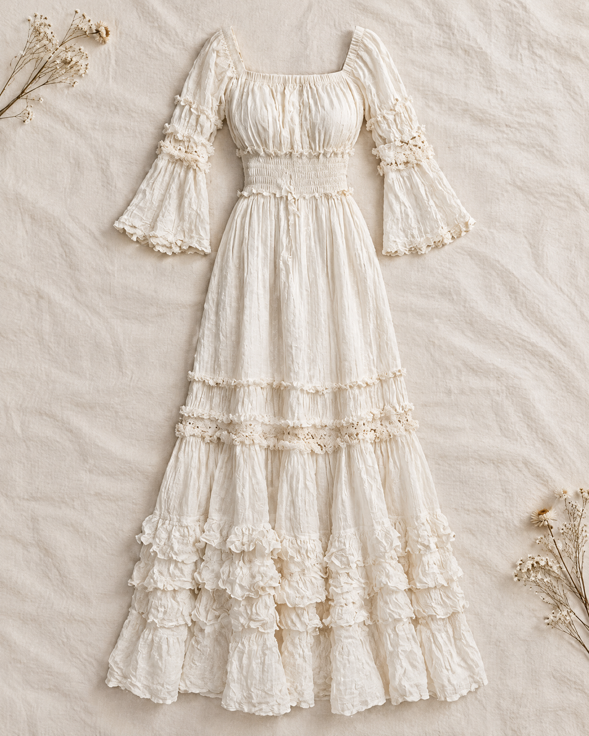Ivory prairie maxi dress with smocked waist and layered ruffles