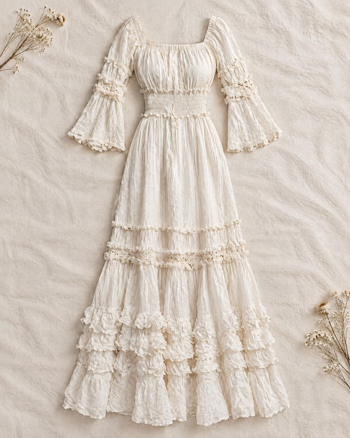 Ivory prairie maxi dress with smocked waist and layered ruffles