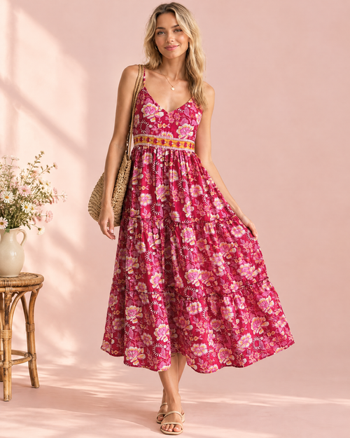 Raspberry pink floral block print cotton tiered midi sundress