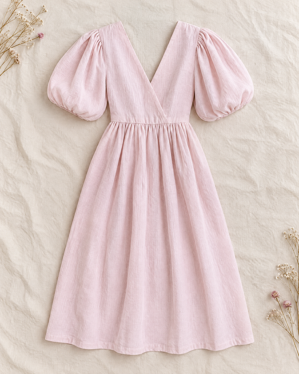 Pale pink linen prairie dress with puff sleeves