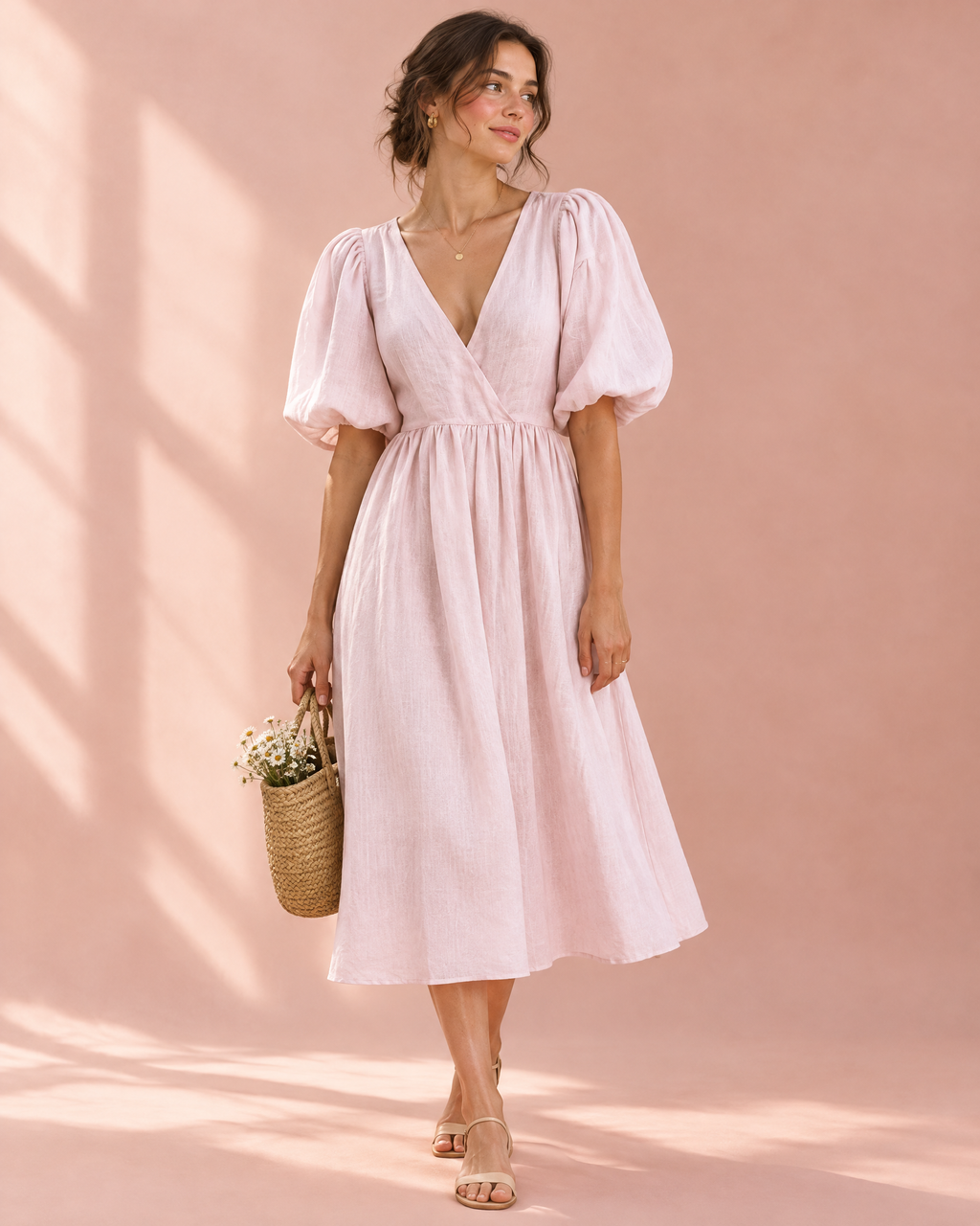 Pale pink linen prairie dress with puff sleeves