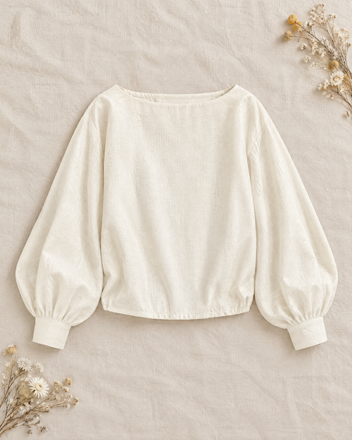 Cream linen top with boat neckline and long bishop sleeves