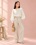 Cream linen top with boat neckline and long bishop sleeves