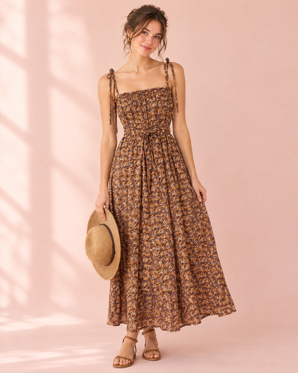 Cinnamon brown ditsy floral cotton sundress with tie straps